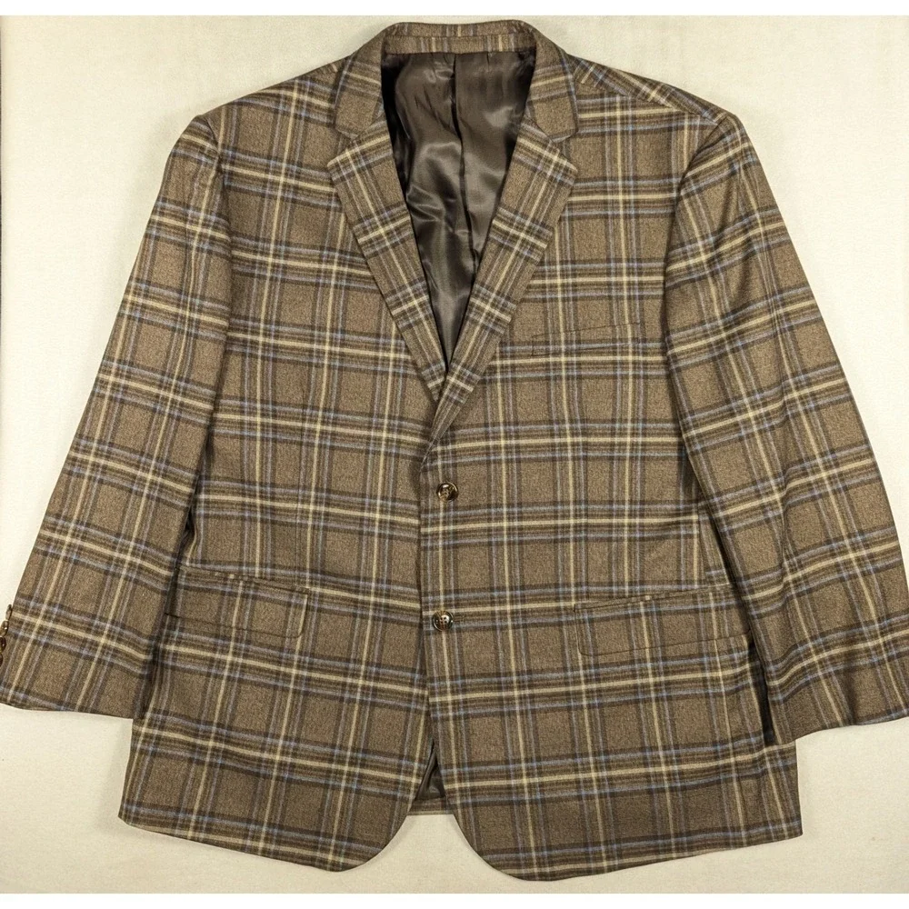 Alain Dupetit Mens 3 Piece Suit 48S 42W Woodhurst Plaid Brown Blue 2 Button Vest